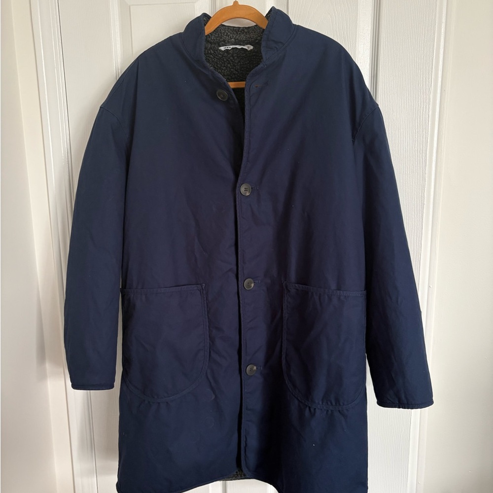 Zara Men's Navy Pea Coat with Button Front